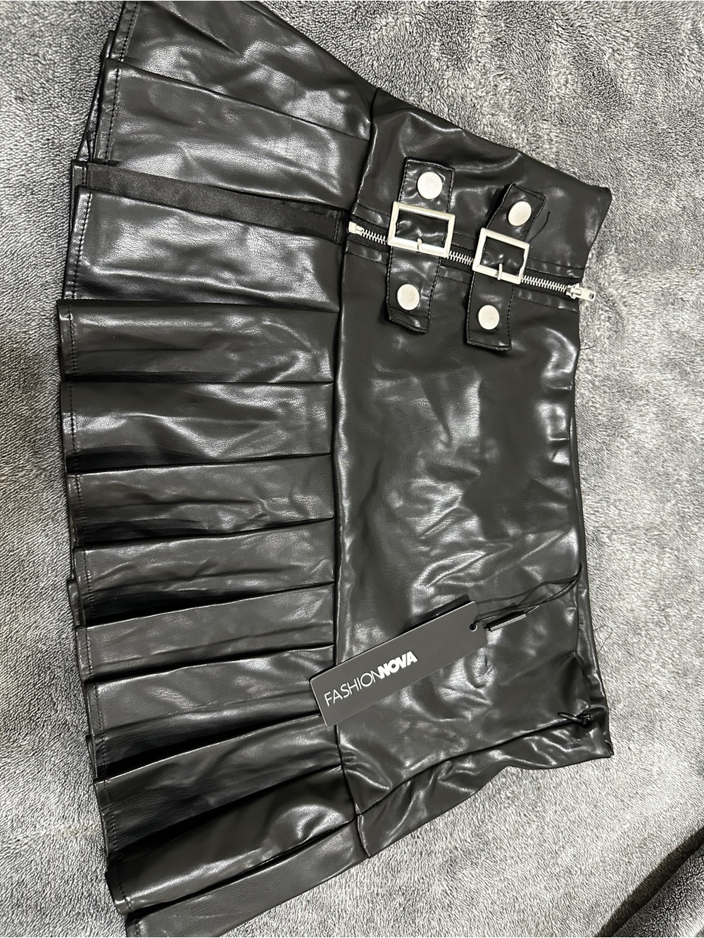 Fashion Nova Black Faux Leather Pleated Mini Skirt with Buckle Detail